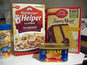 Hamburger Helper, instant cake mix, Spam: 79 ingredients